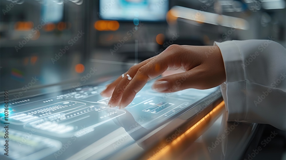 Aufkleber system doctor swipes through performance reports on a transparent touchpad, clean lab environment.