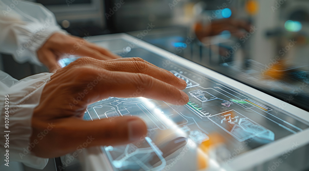 Aufkleber system doctor swipes through performance reports on a transparent touchpad, clean lab environment.