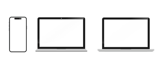 Smartphone and Laptop computer device with blank screen. Mobile phone and laptop mockup for ui ux app with empty display and white background. Transparent PNG and vector illustration.