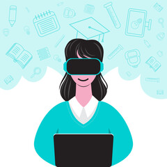 Abstract girl sitting at a laptop in VR glasses, surrounded by education-related icons. Concept of education using modern technologies and virtual reality. Futuristic learning experience.