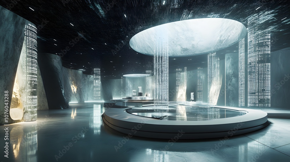 Poster 31. a futuristic 3d showcase with rotating digital grids and ambient lighting, leaving space for a p