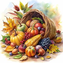 A beautiful watercolor illustration of a Thanksgiving cornucopia, filled with seasonal produce, celebrating harvest.