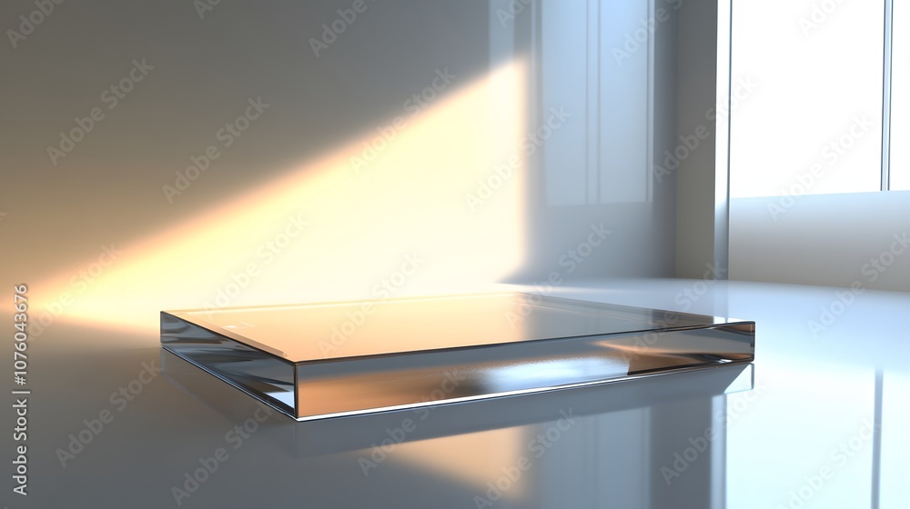 Poster 32. a polished 3d display with reflective surfaces, dynamic light sources, and a clear empty center 