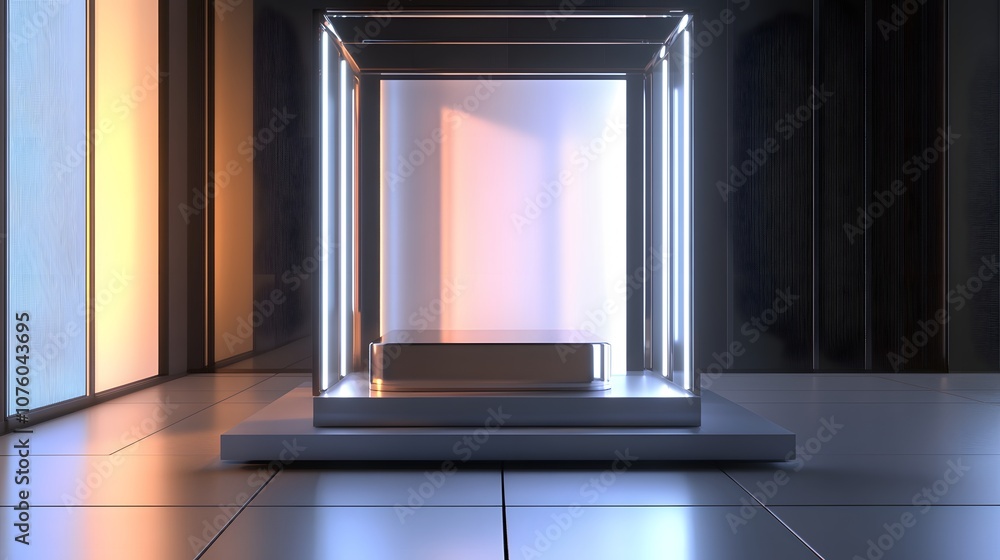 Poster 32. a polished 3d display with reflective surfaces, dynamic light sources, and a clear empty center 