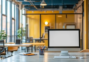Modern open-plan office interior with a white concrete floor, glass walls, and wooden furniture. On the table is a computer monitor mockup with a blank screen
