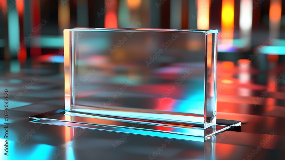 Poster 32. a polished 3d display with reflective surfaces, dynamic light sources, and a clear empty center 