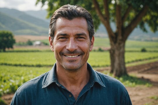 Close portrait of a smiling 40s Ecuadorean male farmer standing and looking at the camera, outdoors Ecuadorean rural blurred background