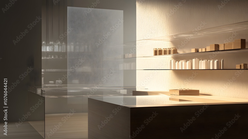 Poster 34. a minimalist 3d display with transparent floating surfaces, providing an elegant open space for 