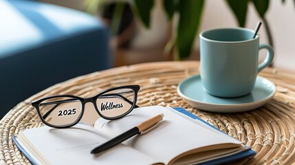 A cozy scene featuring glasses, a notebook, a pen, and a coffee cup, perfect for setting intentions or planning for the year ahead.