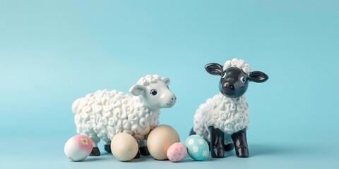 Ceramic Easter sheep on a blue background with pastel colors and intricate details, holiday decor, blue background, ceramic vase