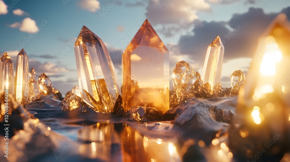 Poster 35. a high-end 3d environment with crystal-like structures and reflective surfaces, leaving space fo