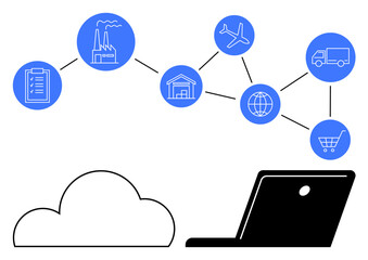 Cloud connecting to laptop with icons representing factory, checklist, warehouse, airplane, globe, truck, and shopping cart. Ideal for logistics, supply chain inventory management e-commerce