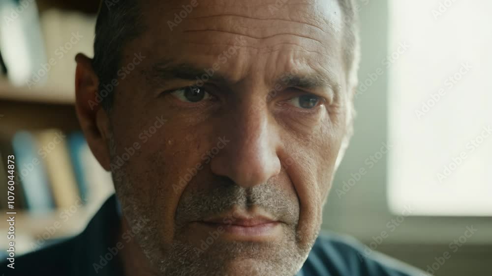 Poster caucasian man with rugged face transitioning from confusion to understanding, natural window light.