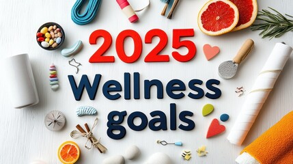 A vibrant arrangement of wellness-related items and fruits emphasizes the theme of setting health goals for 2025.