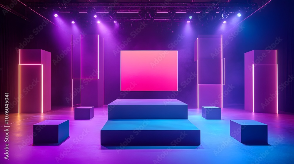 Poster 36. a 3d stage with floating blocks and soft neon lighting, offering a large area in the middle for 