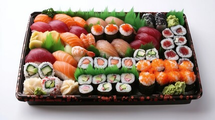 Colorful Sushi Bento Box Arrangement on a Tray