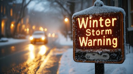A winter storm warning sign stands covered in snow, clearly visible against a darkening sky as cars pass by on a snowy street, signaling hazardous weather conditions