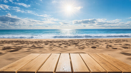 Fototapeta premium Serene beach view with wooden deck under a bright sun and gentle ocean waves during midday