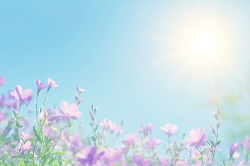 Field of purple flowers with bright sun in the background. The scene is peaceful and serene, background for design works. Spring joyful background.