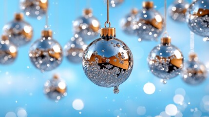 Fototapeta premium Festive Silver Christmas Ornaments Hanging with Blue Bokeh Background