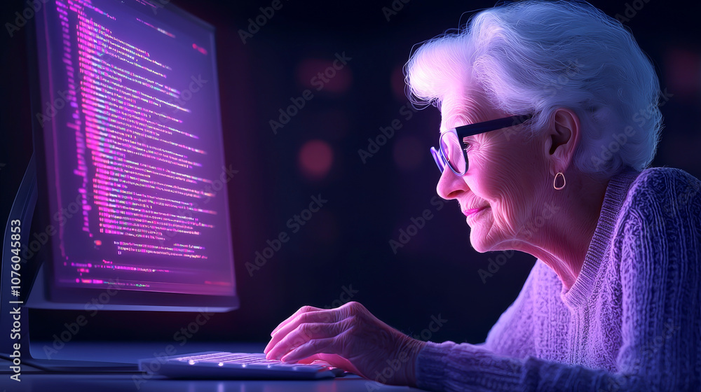 Poster an elderly woman focused on coding at a computer, showcasing modern tech interaction.