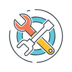 Wrench and screwdriver icon for tools and repair, Vector illustration of a crossed wrench and screwdriver with a gear backdrop, symbolizing maintenance, tools, and technical support.
