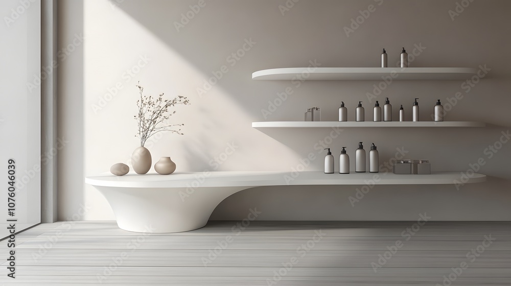 Poster 38. a minimalistic 3d showcase with smooth, curved edges and a wide space for product display.