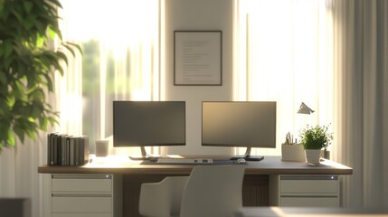 A modern office workspace featuring dual monitors, a plant, and natural light.