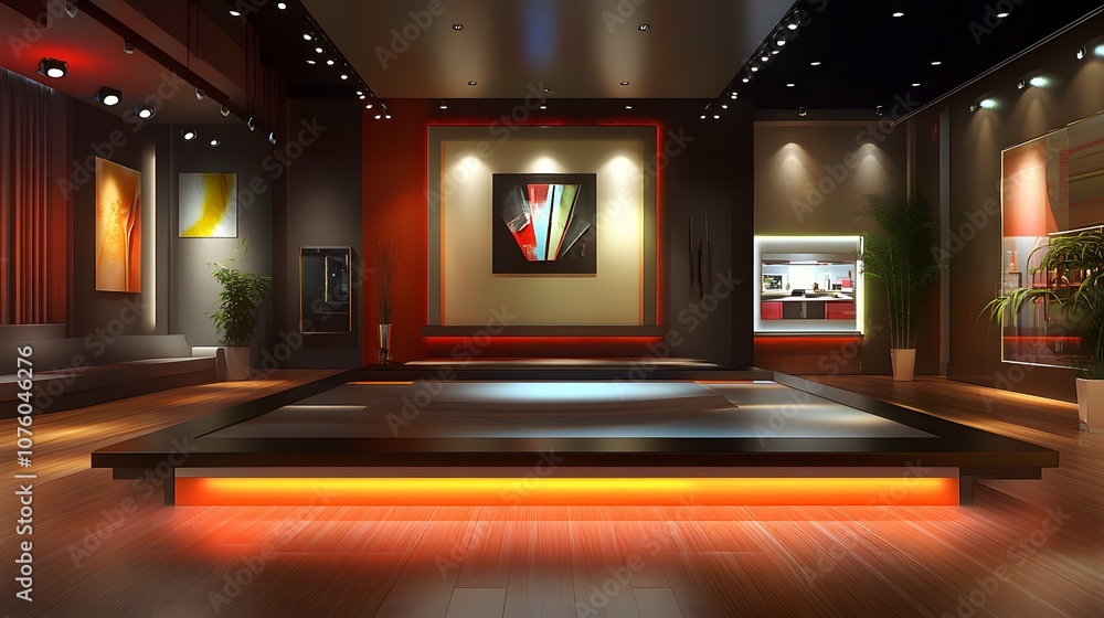 Poster 39. a 3d virtual showroom with a floating podium and dynamic lighting, creating an open area for a p