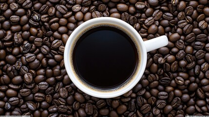 Fototapeta premium White Cup of Coffee on Bed of Coffee Beans