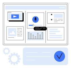 Computer screen displaying dashboards with video player, microphone, charts, list, images, text, chat box. Ideal for productivity, project management web design digital marketing online