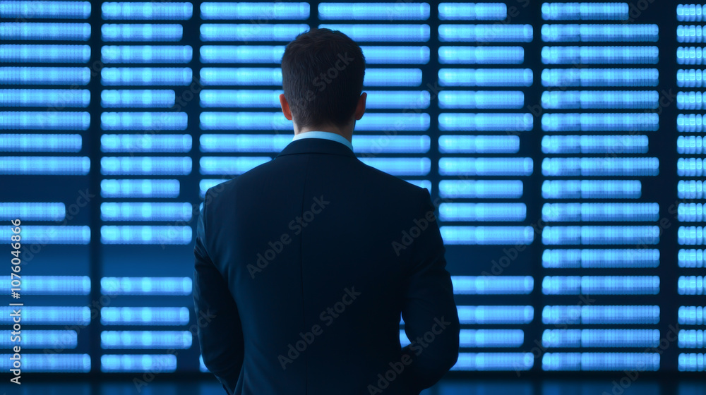 Poster businessman analyzing data on a digital interface in a modern office environment.
