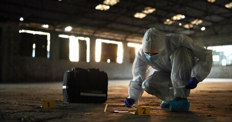 Person, swab and criminal investigation at crime scene, blood sample and discovery of dna marker....