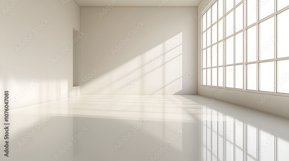 Poster 12. a modern 3d minimalist studio with reflective surfaces and a wide empty area for showcasing a pr