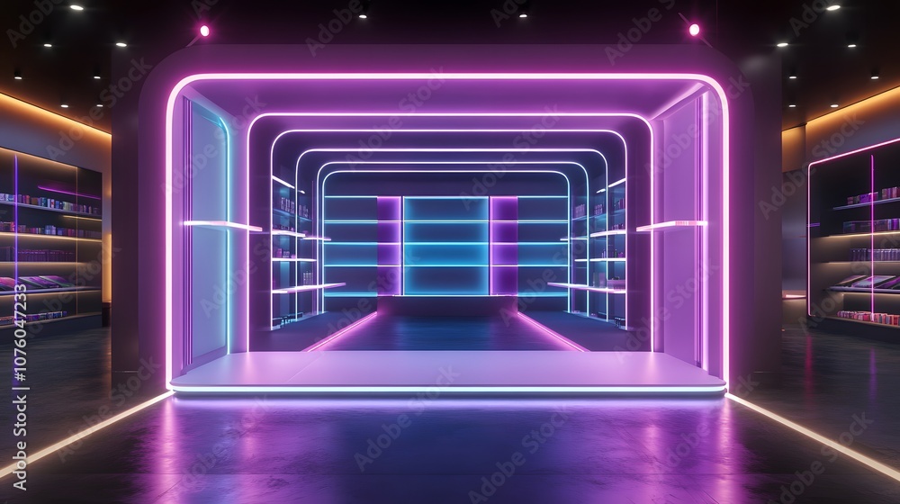 Poster 13. a futuristic 3d showcase with neon lights, dynamic reflections, and space for product display in