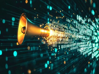 Megaphone Suspended in Mid air with Glowing Binary Code Symbolizing Digital Communication in the Modern Age