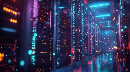 Futuristic Quantum Server Room with Glowing Qubits Representing Parallel Computing Technologies