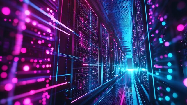 Futuristic Quantum Server Room with Glowing Qubits and Parallel Data Processing Visualization