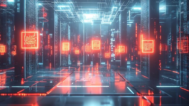 Futuristic Quantum Server Room with Glowing Qubits Symbolizing Parallel Computing Concepts