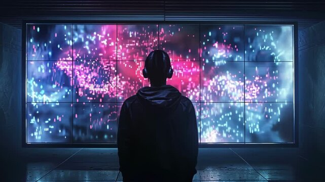 The display in a darkened room with its brightly lit quantum dots creating an almost holographic effect.