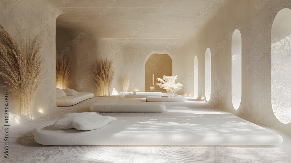Poster 14. a 3d space with natural textures and soft ambient light, leaving a large area in the center for 