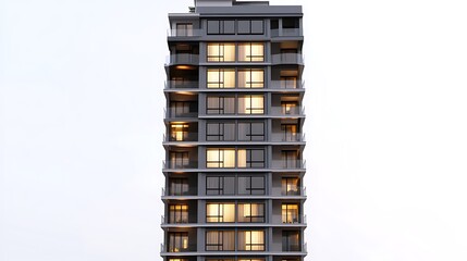 A modern  multi-story apartment building with windows and balconies.