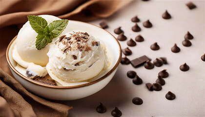 Special vanilla ice cream with chocolate chip. High definition ad photos