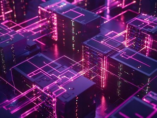 Fototapeta premium Futuristic Quantum Data Center with Glowing Hybrid Computing Circuits and Servers