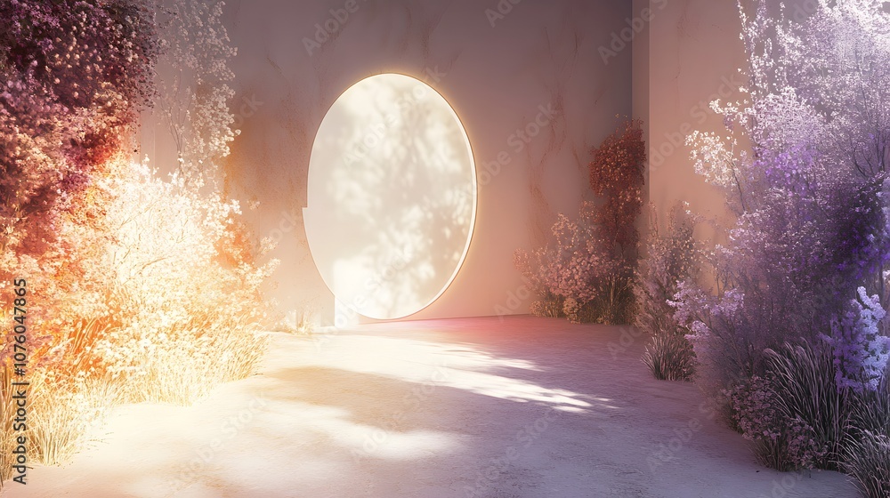 Poster 14. a 3d space with natural textures and soft ambient light, leaving a large area in the center for 