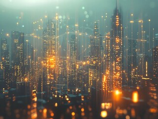 Fototapeta premium Glowing Quantum Network Powering the Future of Urban Cityscape