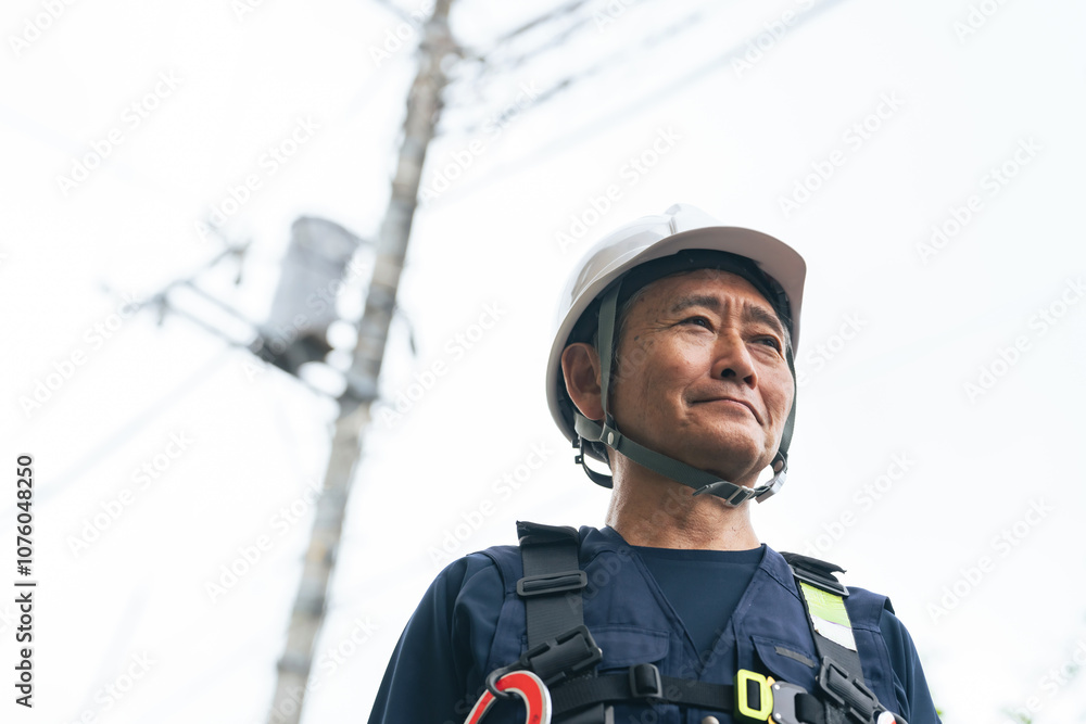 Leinwandbilder 作業員、シニア、男性、電力、インフラ、電線、工事、仕事、現場、エンジニア、技師、技能職、架空配電線、送電線、電柱、安全、危険、シリアス、再雇用、シルバー人材、ヘルメット、フルハーネス、高所作業、職人、日本人、住宅、点検、メンテナンス、保守、検査、停電、会社、下請け、作業、ベテラン、工場、大工、ライフライン、責任、コピースペース、職業、雇用、作業服、アルバイト、配電線、変圧器、引込線、専門家、プロフ