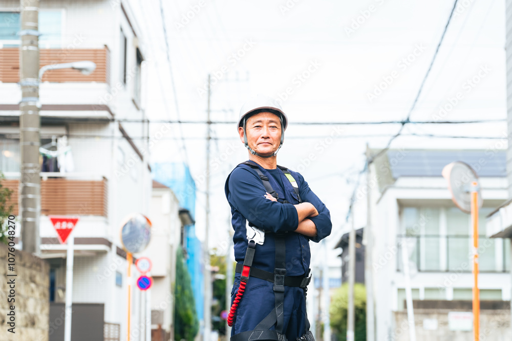 Poster 作業員、労働者、工事、建設、現場、建築、電力、電線、修理、インフラ、自信、腕組み、大工、職人、仕事、電柱、道路、シニア、ベテラン、住宅、修繕、男性、笑顔、高齢者、電気、技師、エンジニア、親方、フルハーネス、ヘルメット、危険、安全、肉体労働、住宅街、工事現場、アルバイト、再雇用、シルバー人材、防災、チャレンジ、挑戦、働く、定年、日本人、作業服、元気、立つ、生活、配管、人物