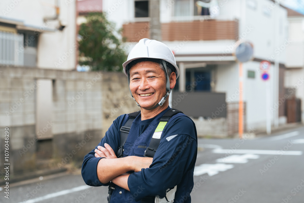 Poster 作業員、労働者、笑顔、男性、シニア、高齢者、工事、建築、建設、修理、電力、電気、技師、エンジニア、仕事、自信、大工、親方、フルハーネス、ヘルメット、危険、安全、肉体労働、ベテラン、住宅、住宅街、道路、工事現場、現場、アルバイト、再雇用、シルバー人材、災害、防災、腕組み、チャレンジ、挑戦、働く、定年、充実、やりがい、満足、職人、頑固、修繕、外壁、日本人、作業服、屋外、人物