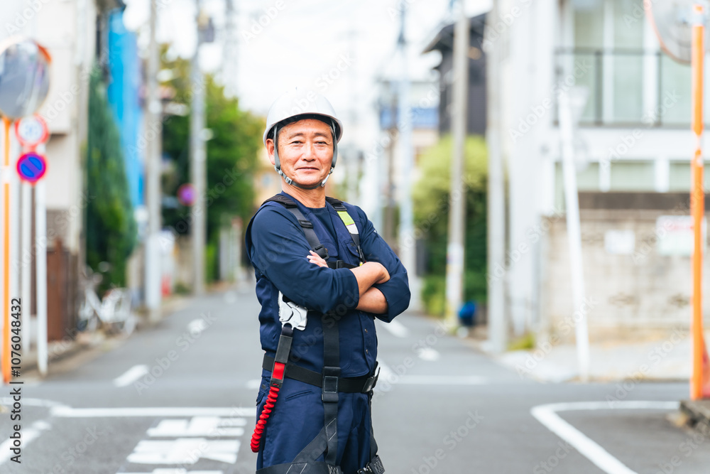 Poster 作業員、工事、道路、建築、建設、シニア、ベテラン、インフラ、住宅、修理、修繕、電柱、男性、現場、仕事、労働者、笑顔、高齢者、電力、電気、技師、エンジニア、自信、大工、親方、フルハーネス、ヘルメット、危険、安全、肉体労働、住宅街、工事現場、アルバイト、再雇用、シルバー人材、防災、腕組み、チャレンジ、挑戦、働く、定年、職人、日本人、電線、作業服、元気、立つ、生活、配管、人物